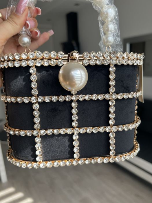 Torebka Kuferek Czarna Złoto Perły Nowa Cudna