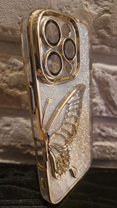 Etui Butterfly do Iphone 16 Pro Złoty + Szkło Privacy Glass 9H