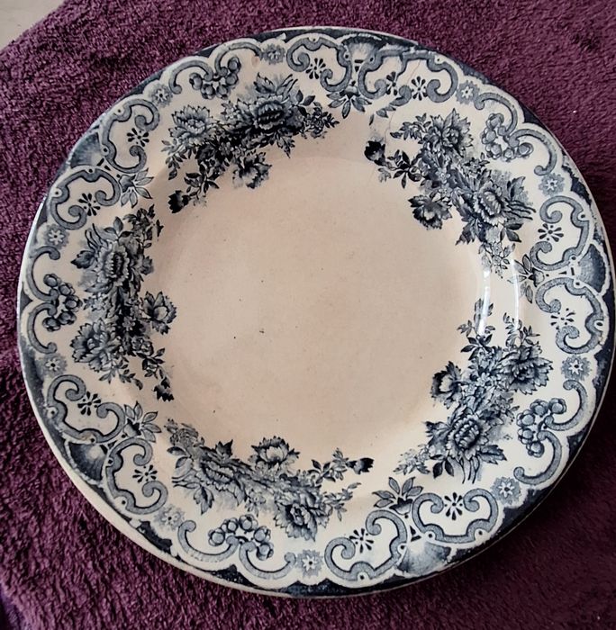 2 pratos fundos antigos Fábrica d'Alcantara fiança fina decoração azul