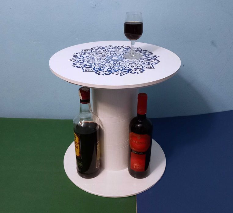 Oryginalny stolik ze szpuli drewnianej mandala śr.40 wys.39,5cm RĘKODZIEŁO