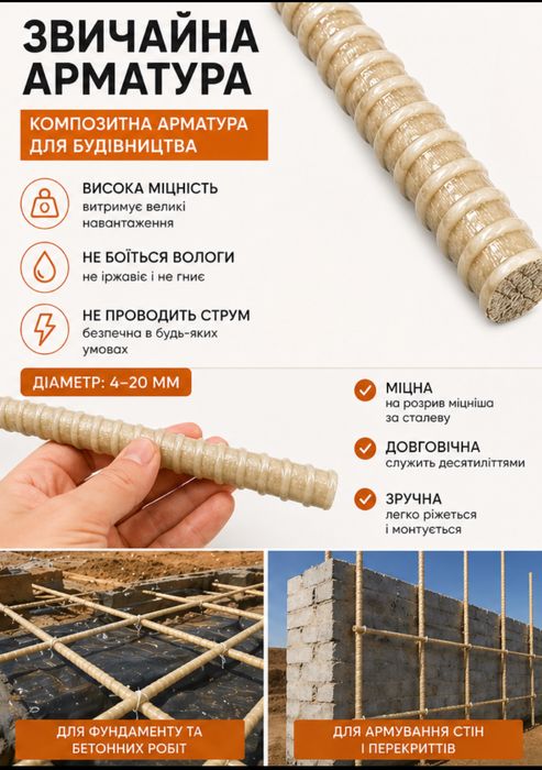 Арматура композитна 	Опори для рослин 20 мм композитна арматура міцні прути.