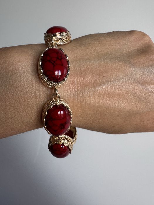 Bransoletka Vintage kamienie czerwone marmurek