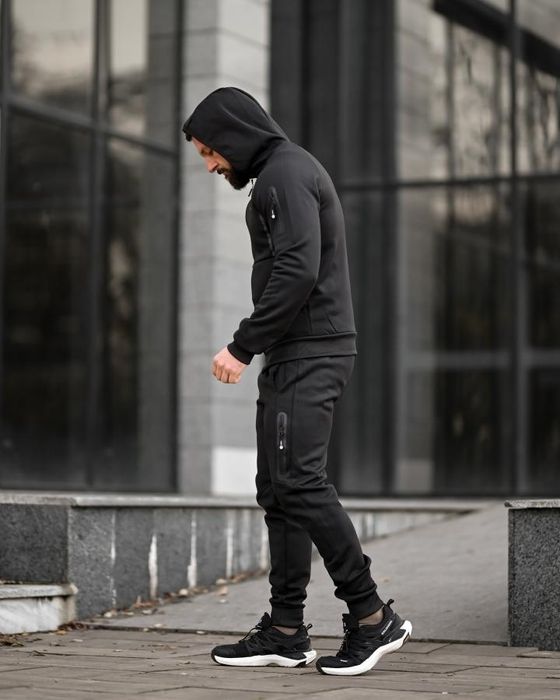 Зимовий чоловічий спортивний костюм чорний кофта штани на флісі