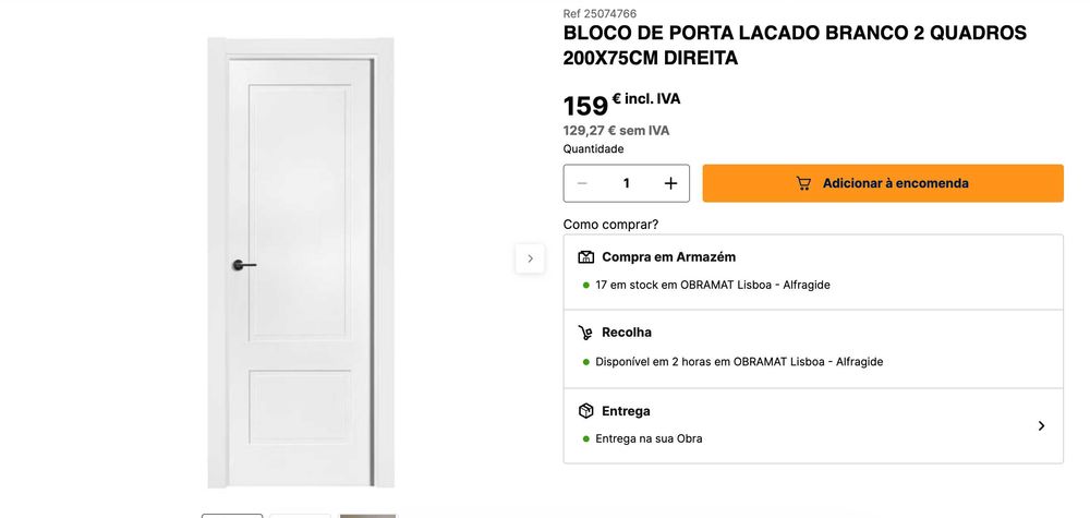 Bloco porta laquado branco 200X75cm direita