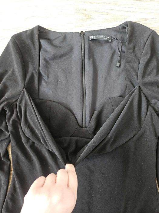 Body czarne długi rękaw figi marszczony dekolt opinające zara S M