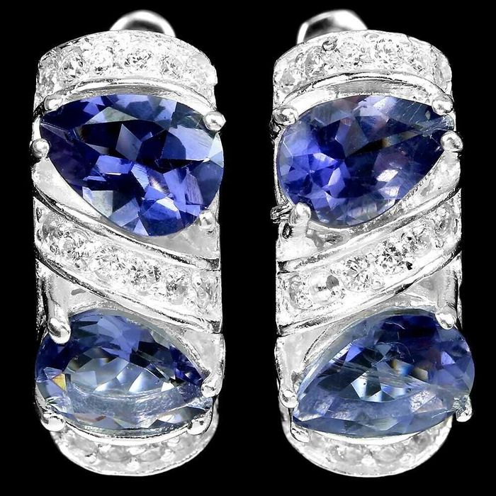 Серьги капли с фиолетово -синим иолитом 925 пробы