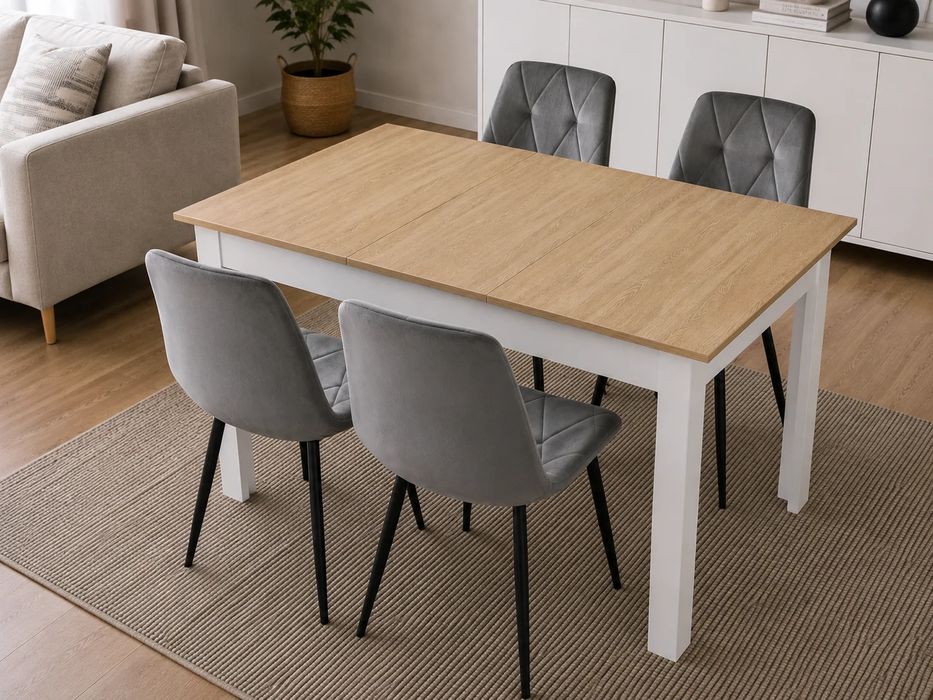 NOWY Stół Rozkładany 120/160x80 cm Duży z Krzesłami Do Kuchni Jadalni Salonu Stół Dąb Sonoma Biały i Krzesła Kuchenny Meble do Domu Zestaw Komplet FV!