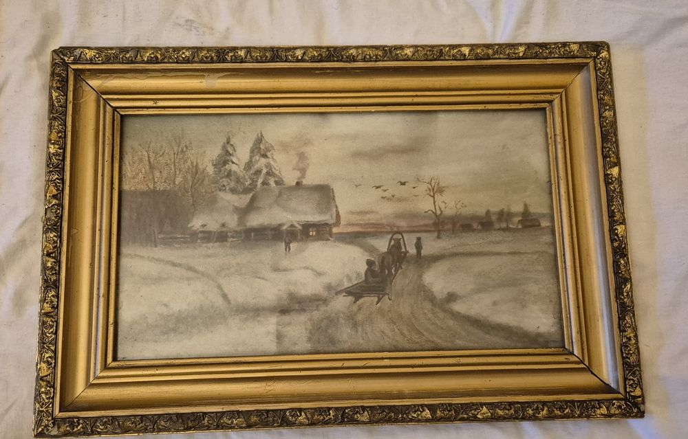Stary zabytkowy przedwojenny obraz na płótnie pejzaż zimowy