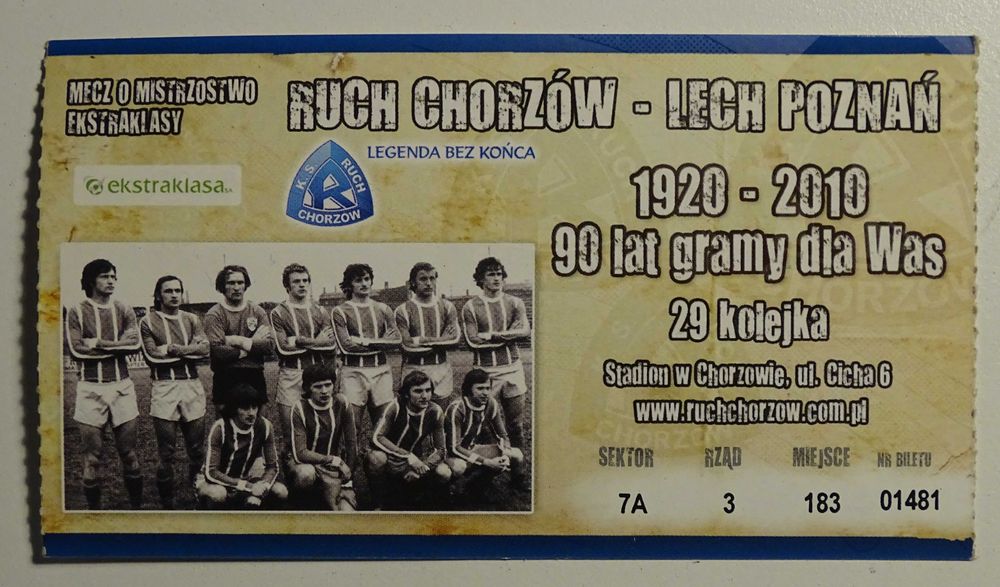 Bilet kolekcjonerski Ruch Chorzów - Lech Poznań 2010 r.