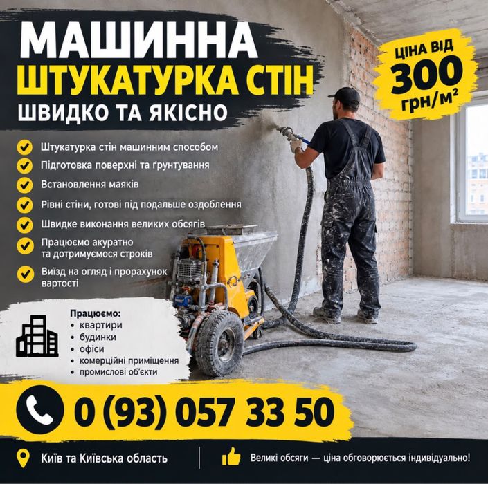 Машинна штукатурка стін, Київ, Ціна від 300 грн