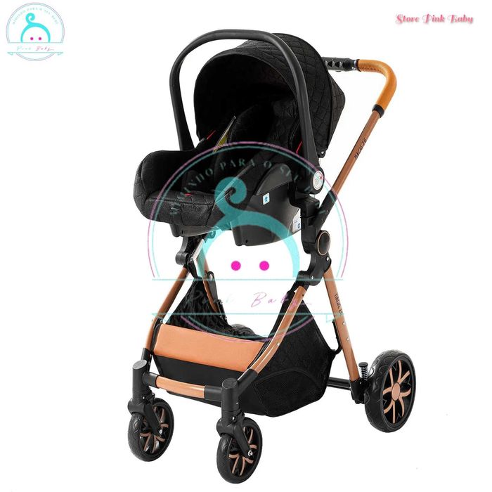 Carrinho bebé 3 em 1 PinkBaby Magic Gold - Com Base Isofix - Preto