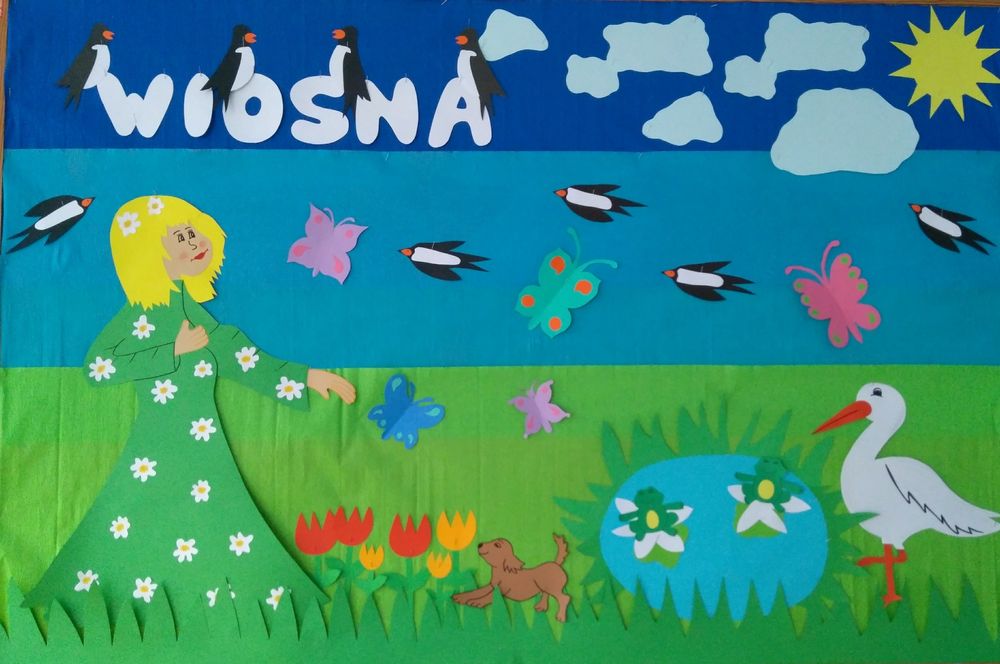 Wiosenna dekoracja na gazetkę szkolną przedszkolną wiosna, bocian