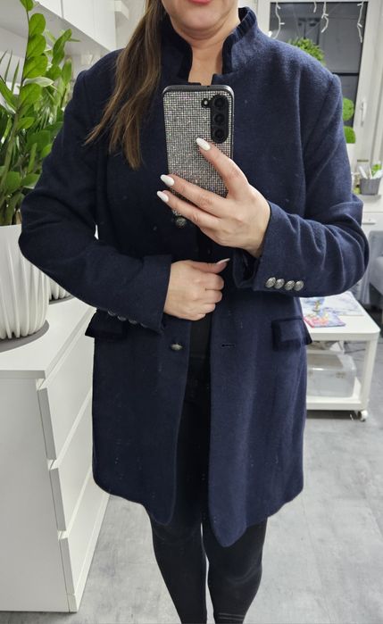 Granatowy wełniany płaszcz Coat L wełna