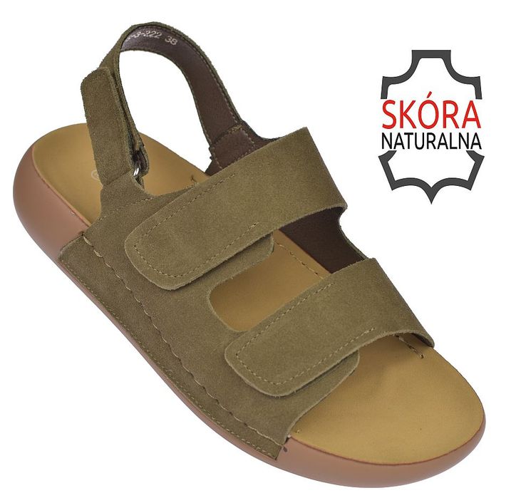 Sandały damskie skórzane płaskie khaki S-3-222 na rzepy roz. 36