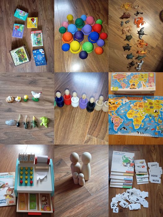 Montessori zabawki drewniane puzzle kulodrom instrumenty