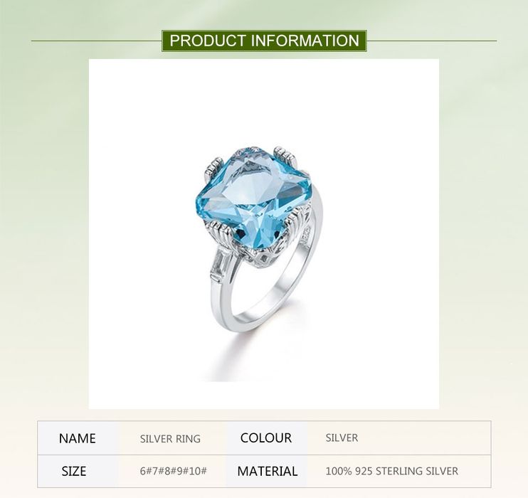 Жіноча каблучка з великим кристалом «Sky Blue» у стилі Luxury