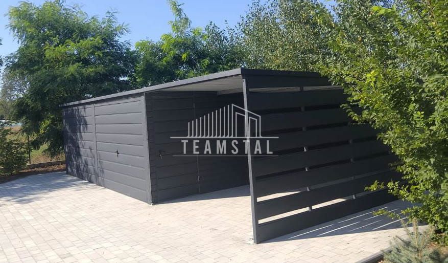 GARAŻ BLASZANY 6m x 6m - wiata 3m - spad tył 2x Brama drzwi TS512