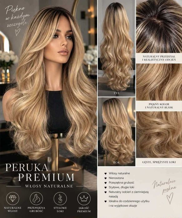 Peruka Premium 100% włosy naturalne długa gesta blond nowa