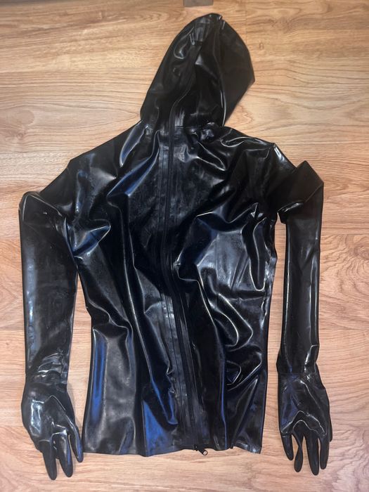 763/ Koszula top latex lateks 0.4mm maska rękawice zamek tył czarny XL