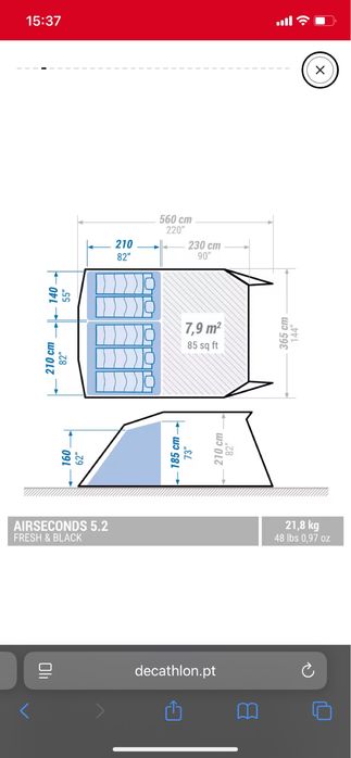 QUECHUA Tenda de Campismo Insuflável Air Seconds 5.2 Fresh & Black, 5 Pessoas, 2 Quartos
