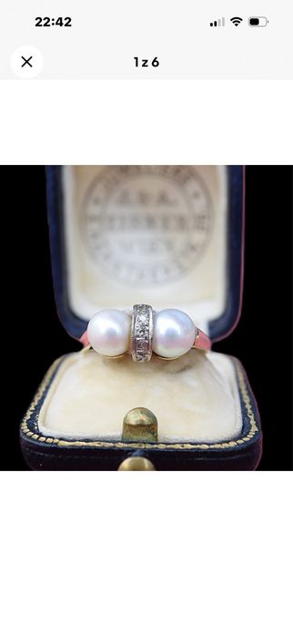 Art Deco Austria lata 20-te Pierścionek Złoto 14k Perły Diamenty R16