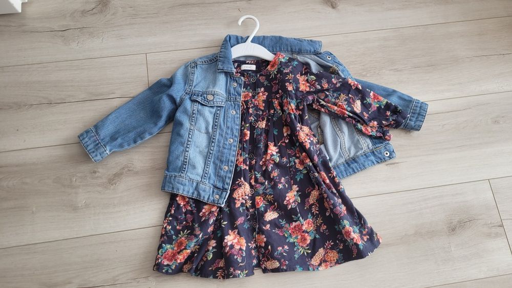 Zestaw na 92cm katana jeansowa H&M kurtka i sukienka w kwiaty next