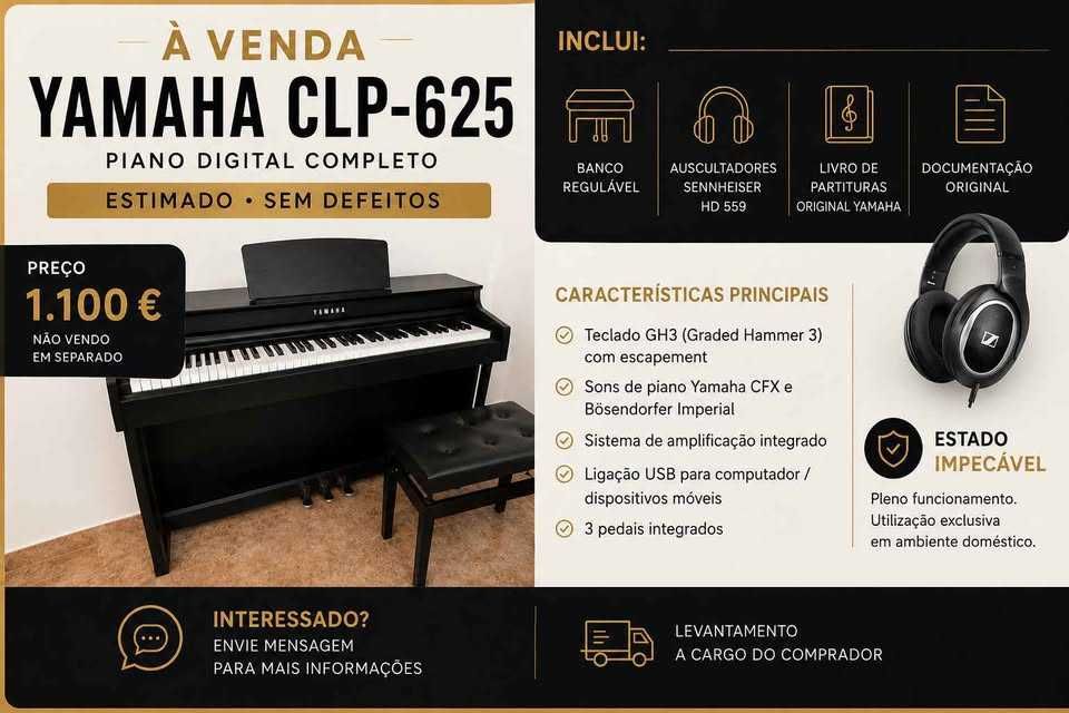 Yamaha CLP-625 + Banco Regulável + Auscultadores Sennheiser HD 559