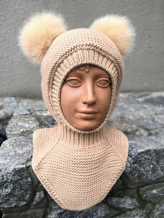 Шапка-шолом, зимова шапка з манішкою з мериносової вовни для дітей