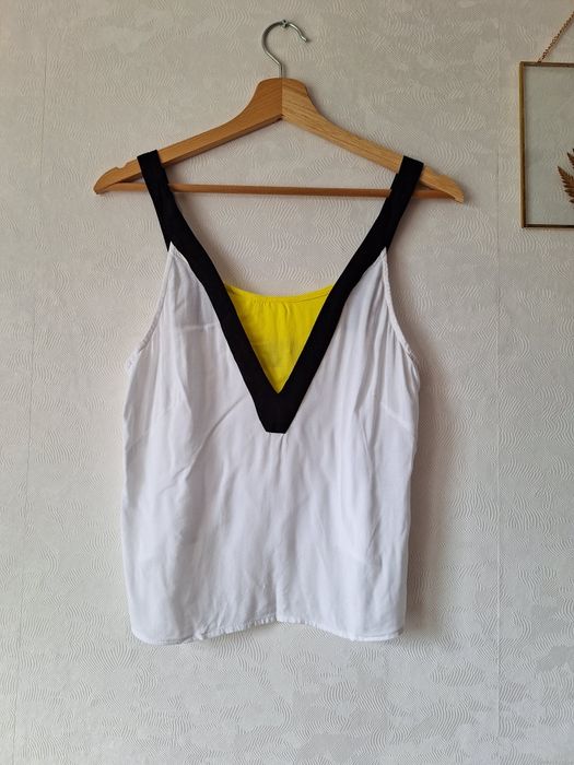 Top koszulka 36 S biała żółta wstawka H&M ramiączka