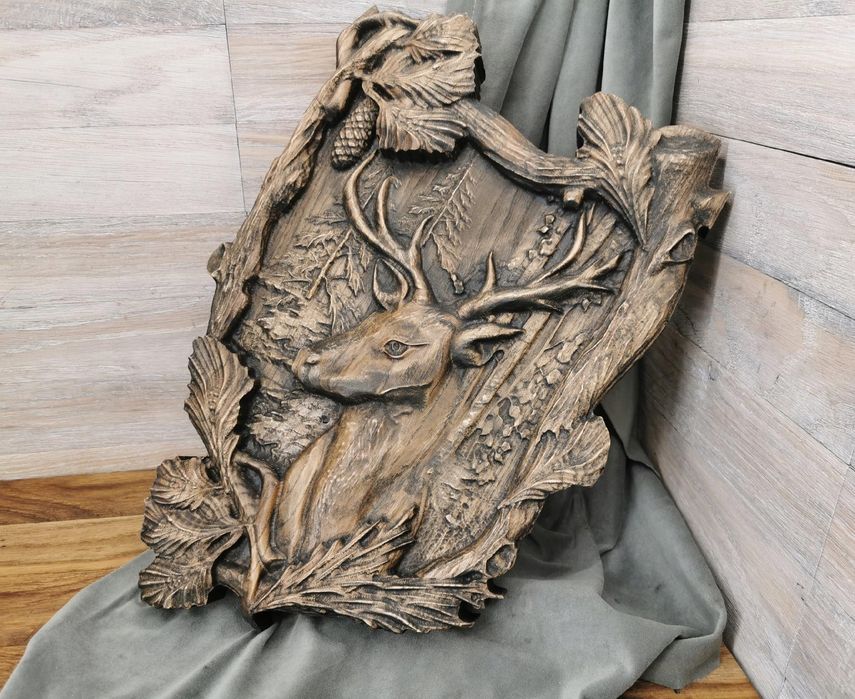 Obraz Płaskorzeźba drewniana trofeum JELEŃ prezent dla myśliwego 30cm
