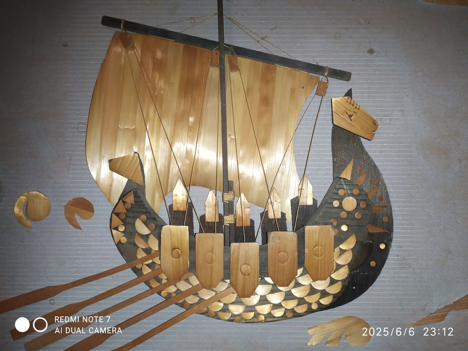 Панно декоративное из дерева и соломы - Ладья - СССР