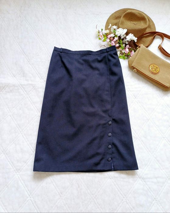 Granatowa wełniana spódnica midi vintage XXL