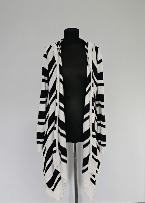 Czarno biały kardigan długi w paski z kapturem. Stan bdb.