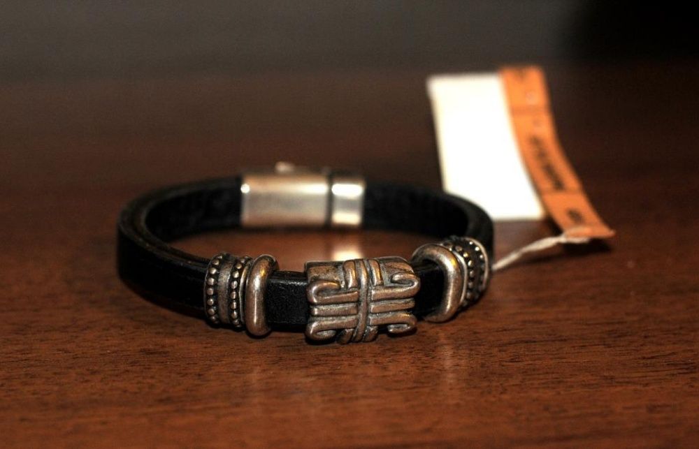Браслет чоловічий срібло, шкіра, сплав Zamak