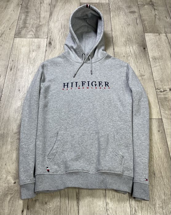 Tommy Hilfiger кофта балахон XL размер на флисе серая с принтом