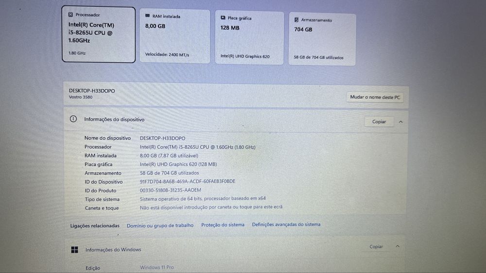 Dell Vostro 15 I5-8265U/SSD 256Gb+HDD 500Gb/8Gb RAM/Ecrã Full HD