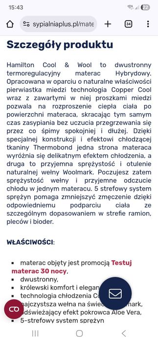 Materac Hamilton Cool Wool 140x200