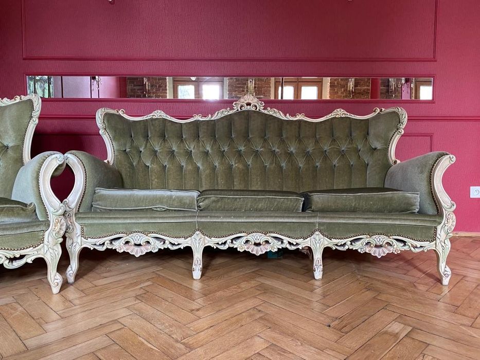 Komplet ecru ludwikowski zielony stylowy sofa Ludwik
