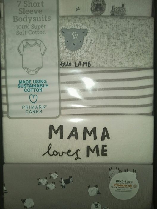 Nowy 7pak body Primark na krótki rękaw unisex 74cm. Motyw owieczki.