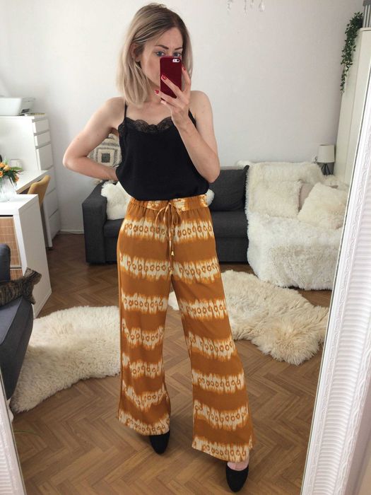 H&M spodnie palazzo musztardowe miodowe tie dye letnie boho L 40