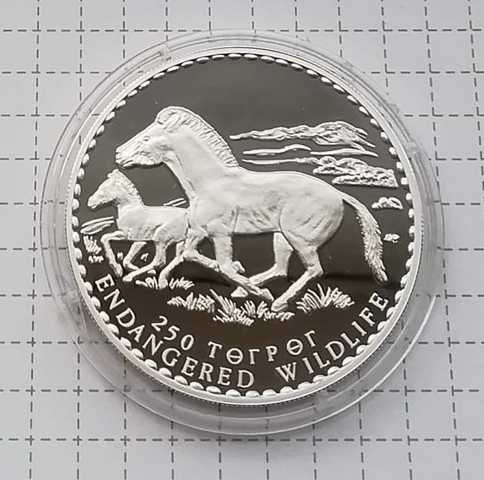 Монголія 250 тугриків 1992р. СРІБЛО. Кінь Пржевальського. ПРУФ. Сертиф