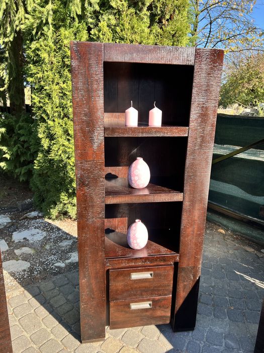 Zestaw mebli drewnianych – komoda + witryna + stół + ława + RTV-