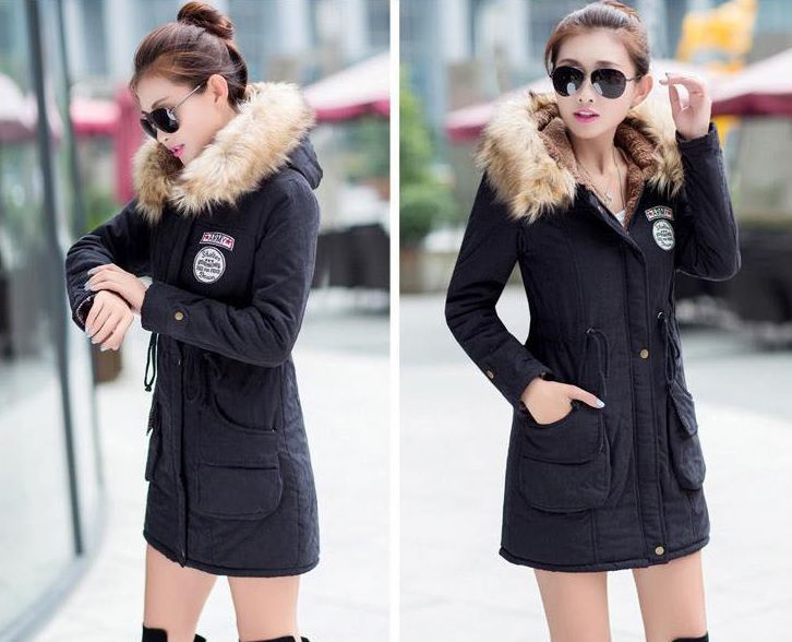 Kurtka damska czarna zimowa parka podszewką futerkiem L