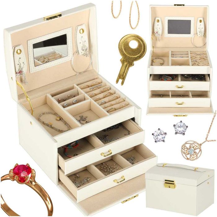 Szkatułka kuferek na biżuterię z szufladami biała/czarna