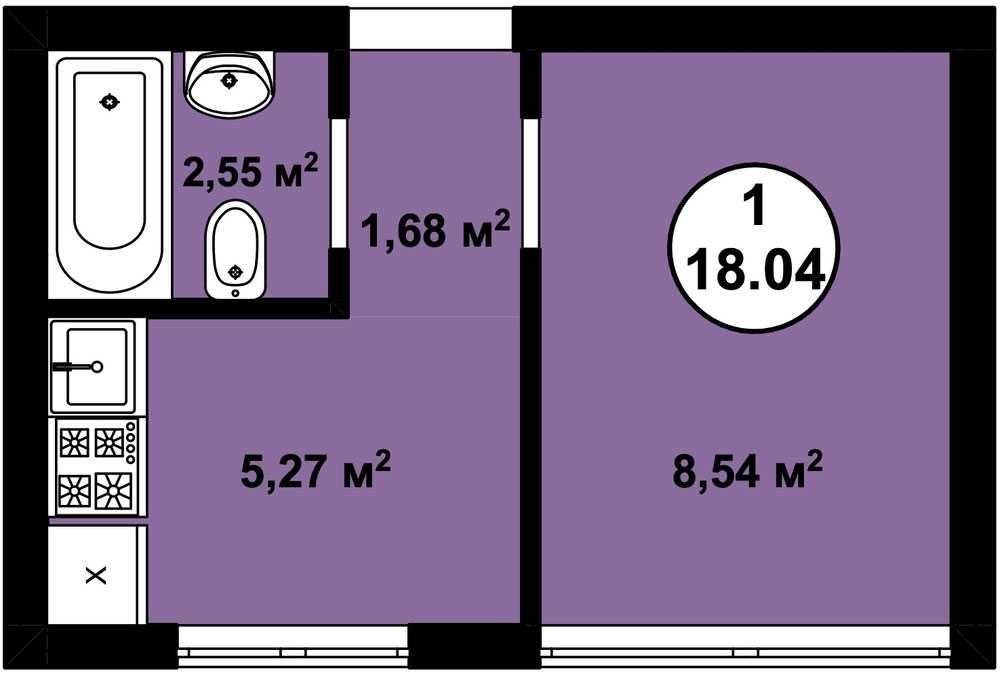 1-кім. квартира 18.04 кв.м | Роздільна | Новобудова | Без комісії