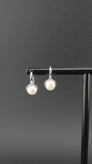 Kolczyki srebrne pr.925 z perłą perełką i cyrkoniami na biglu francusk