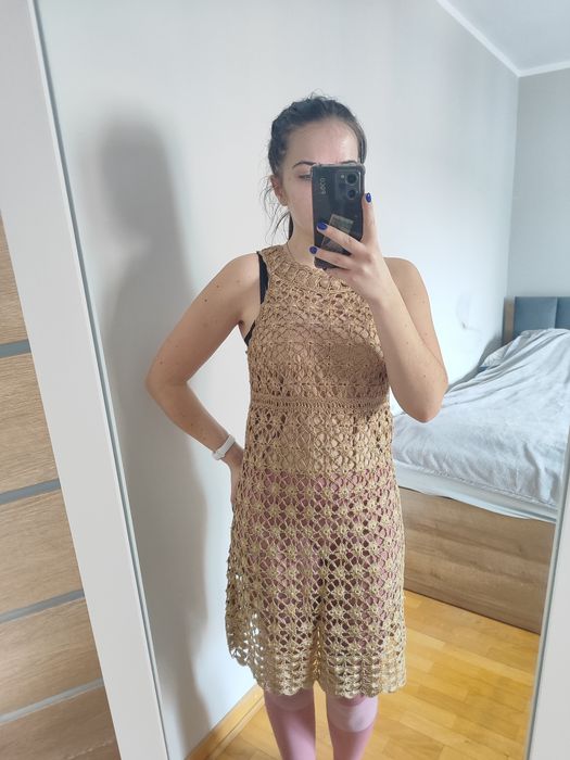 Złota ażurowa narzutka, tunika w stylu Boho, letnim
