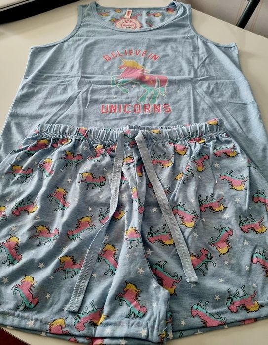 Pijama de verão, azul com unicórnios, 100% algodão. L