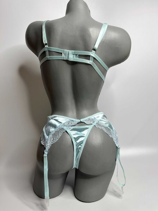 Bielizna erotyczna damska, komplet bielizny, satyna, błękitny L