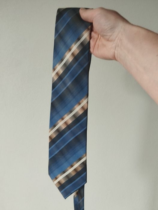 Krawat jedwabny 100% silk, 9cm, beżowy, granatowy, w paski